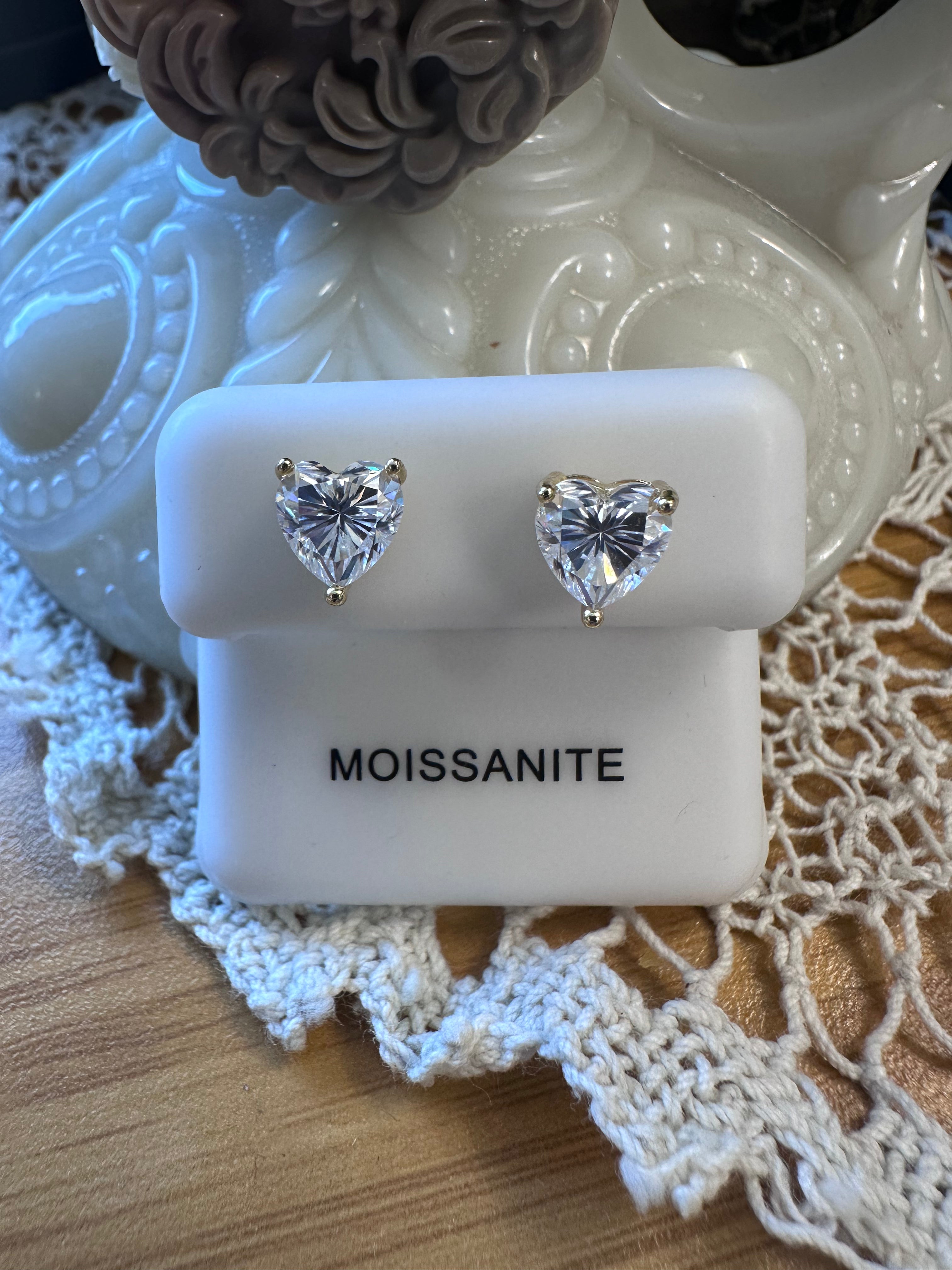 2.4ct Genuine Moissanite 7mm Heart Shape on Gold Over 925 Sterling Silver Setting Stud Earrings
